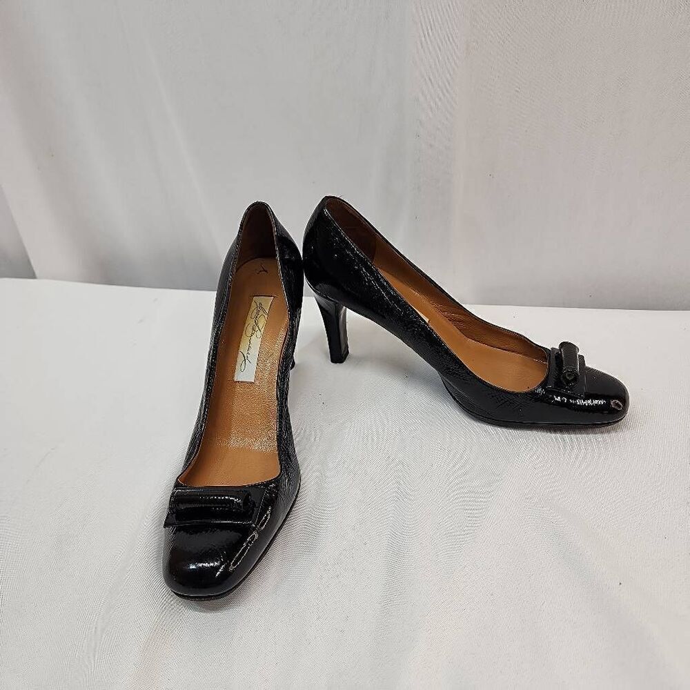 Diana Broussard Size EU 38 US 7.5 Black Patent Leather Heel Pumps Round Toe - Picture 2 of 10